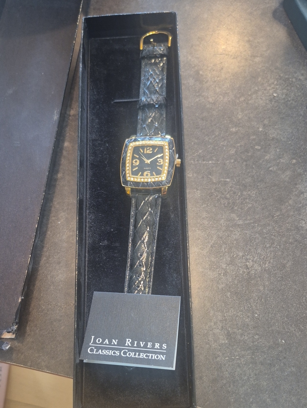 Joan Rivers Black Leather Strap Watch with Gold-Tone Square Case